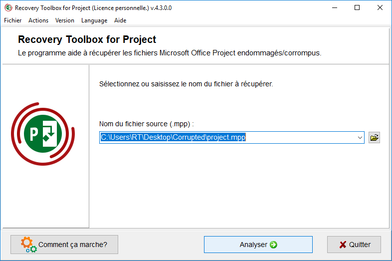 outil de réparation de fichier de projet