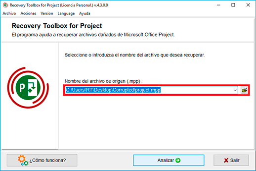 microsoft project reparar archivo dañado