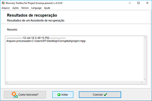 corrigir arquivo de ms project
